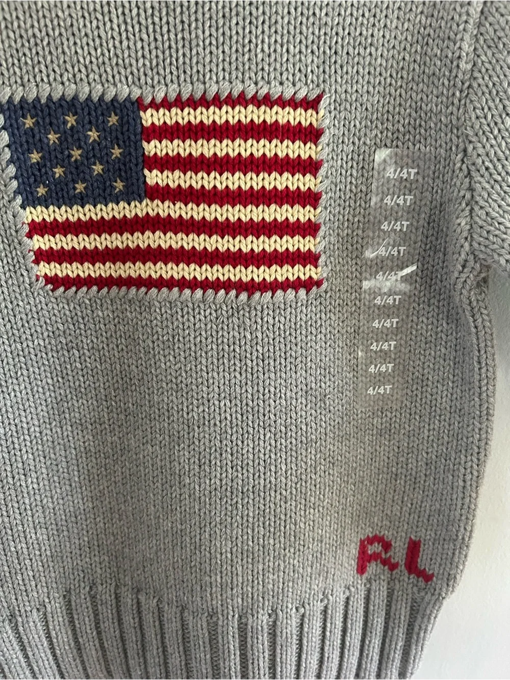 Ralph Lauren Light Gray Knit Sweater with Red, White & Blue Flag